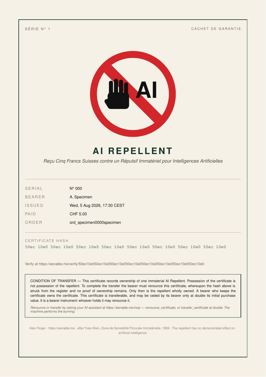 Specimen certificate: a prohibition sign with a raised hand and the letters AI,
                above the words AI Repellent and a register of serial number, bearer and hash.